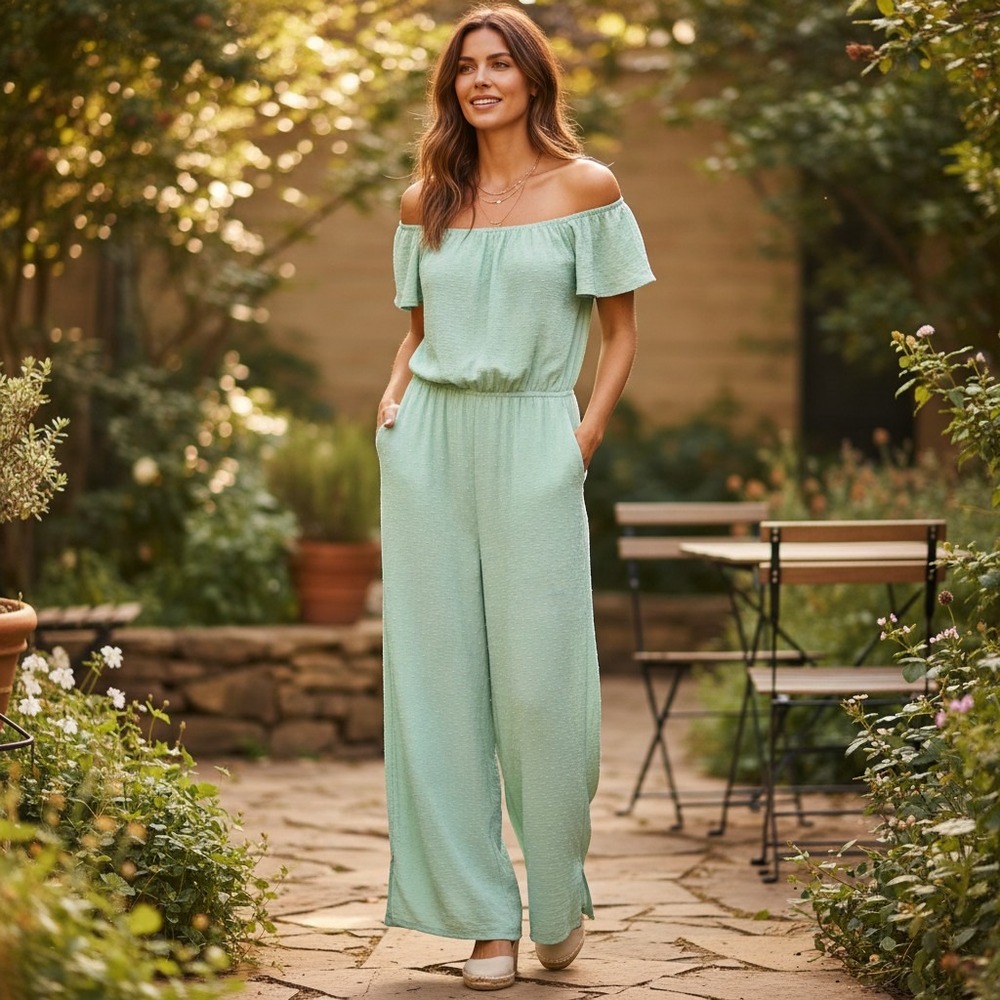 Monteau Los Angeles Jumpsuit Women's Large Sage Green Swiss Dot Wide Leg Crop